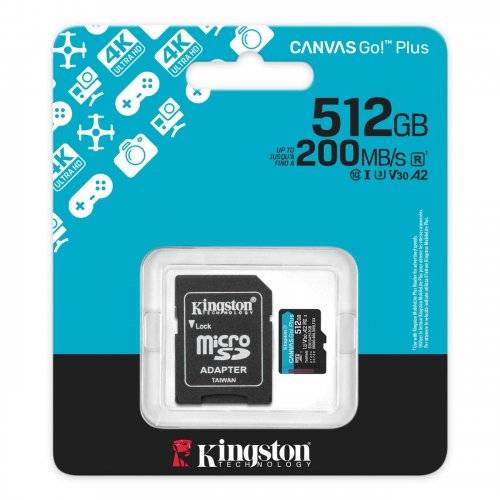 Карта пам'яті Kingston microSDXC Canvas Go! Plus G4 512GB Class 10 UHS-I U3 A2 V30 (з адаптером) (SDCG4/512GB) купити в Україні: Київ, Львів, Хмельницький, Тернопіль, Івано-Франківськ | Низька ціна, відгуки, характеристики від TELEMART фото