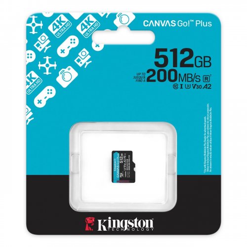 Карта пам'яті Kingston microSDXC Canvas Go! Plus G4 512GB Class 10 UHS-I U3 A2 V30 (SDCG4/512GBSP) купити в Україні: Київ, Львів, Хмельницький, Тернопіль, Івано-Франківськ | Низька ціна, відгуки, характеристики від TELEMART фото