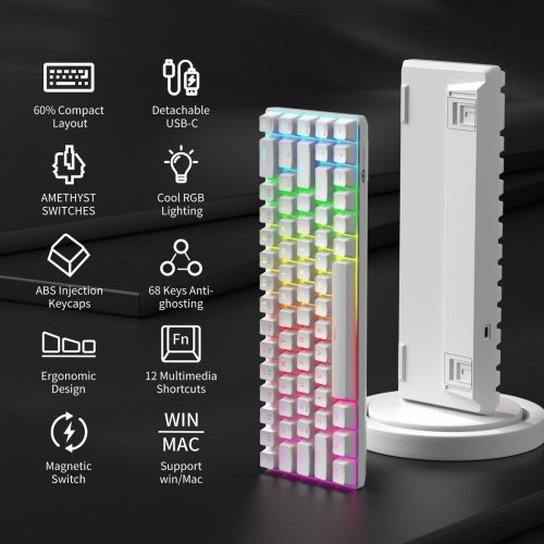 Клавиатура MageGee MK-BOX RGB Magnetic Amethyst Switch (6971969728653) White купить в Украине: Киев, Днепр, Харьков, Одесса  | Низкая цена, отзывы, характеристики от TELEMART фото