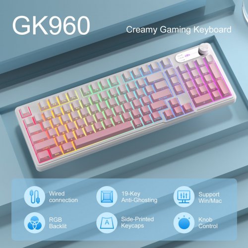 Клавиатура MageGee GK960 RGB (6971969729049) White/Pink купить в Украине: Киев, Днепр, Харьков, Одесса  | Низкая цена, отзывы, характеристики от TELEMART фото