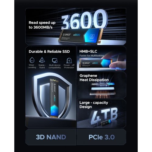SSD-диск ORICO e3500 3D NAND QLC 256GB M.2 (2280 PCI-E) NVMe x4 (ORICO-e3500-256GB-BL-BP) купити в Україні: Київ, Львів, Хмельницький, Тернопіль, Івано-Франківськ | Перевірка сумісності, низька ціна, відгуки, характеристики від TELEMART фото
