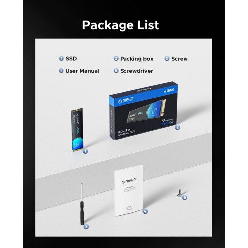SSD-диск ORICO e3500 3D NAND QLC 256GB M.2 (2280 PCI-E) NVMe x4 (ORICO-e3500-256GB-BL-BP) купити в Україні: Київ, Львів, Хмельницький, Тернопіль, Івано-Франківськ | Перевірка сумісності, низька ціна, відгуки, характеристики від TELEMART фото