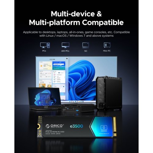 SSD-диск ORICO e3500 3D NAND QLC 512GB M.2 (2280 PCI-E) NVMe x4 (ORICO-e3500-512GB-BL-BP) купити в Україні: Київ, Львів, Хмельницький, Тернопіль, Івано-Франківськ | Перевірка сумісності, низька ціна, відгуки, характеристики від TELEMART фото