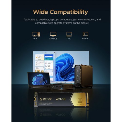 SSD-диск ORICO e7400 3D NAND QLC 4TB M.2 (2280 PCI-E) NVMe x4 (ORICO-e7400-4TB-GD-BP) купити в Україні: Київ, Львів, Хмельницький, Тернопіль, Івано-Франківськ | Перевірка сумісності, низька ціна, відгуки, характеристики від TELEMART фото