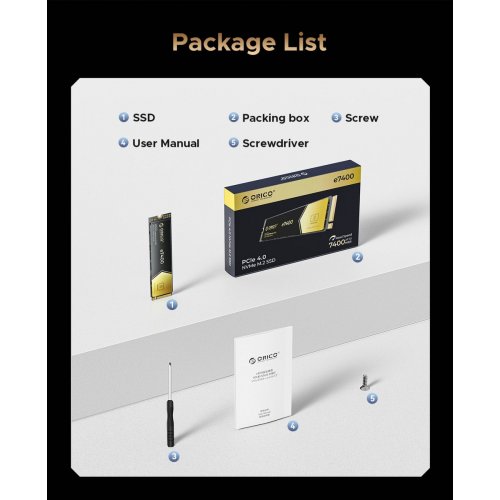 SSD-диск ORICO e7400 3D NAND QLC 4TB M.2 (2280 PCI-E) NVMe x4 (ORICO-e7400-4TB-GD-BP) купити в Україні: Київ, Львів, Хмельницький, Тернопіль, Івано-Франківськ | Перевірка сумісності, низька ціна, відгуки, характеристики від TELEMART фото