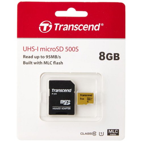 Карта пам'яті Transcend microSDHC 8GB Class 10 UHS-I (с адаптером) (TS8GUSD500S) купити в Україні | Telemart фото