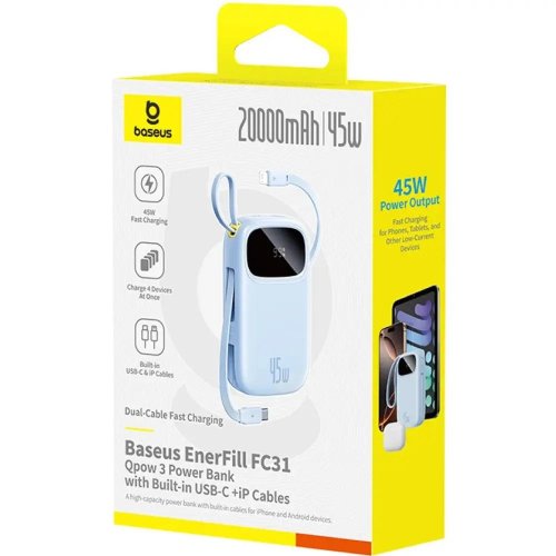 Powerbank Baseus EnerFill FC31 20000mAh 45W with Built-In USB Type-C/Lightning Cable (E0028D03) Blue купить в Украине: Киев, Днепр, Харьков, Одесса  | Низкая цена, отзывы, характеристики от TELEMART фото