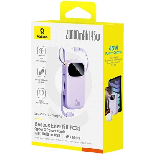 Powerbank Baseus EnerFill FC31 20000mAh 45W with Built-In USB Type-C/Lightning Cable (E0028D02) Purple купити в Україні: Київ, Львів, Хмельницький, Тернопіль, Івано-Франківськ | Низька ціна, відгуки, характеристики від TELEMART фото
