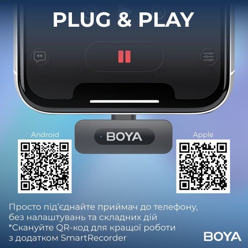 Бездротовий петличний мікрофон BOYA BY-V10 Type-C Black купити в Україні: Київ, Львів, Хмельницький, Тернопіль, Івано-Франківськ | Низька ціна, відгуки, характеристики від TELEMART фото