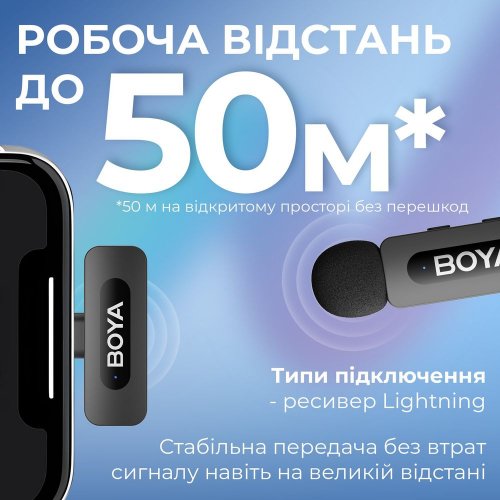 Бездротовий петличний мікрофон BOYA BY-V1 Lightning Black купити в Україні: Київ, Львів, Хмельницький, Тернопіль, Івано-Франківськ | Низька ціна, відгуки, характеристики від TELEMART фото