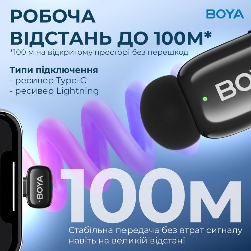 Бездротовий петличний мікрофон BOYA mini-12 Type-C/Lightning Black купити в Україні: Київ, Львів, Хмельницький, Тернопіль, Івано-Франківськ | Низька ціна, відгуки, характеристики від TELEMART фото