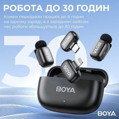 Бездротовий петличний мікрофон BOYA mini-12 Type-C/Lightning Black купити в Україні: Київ, Львів, Хмельницький, Тернопіль, Івано-Франківськ | Низька ціна, відгуки, характеристики від TELEMART фото