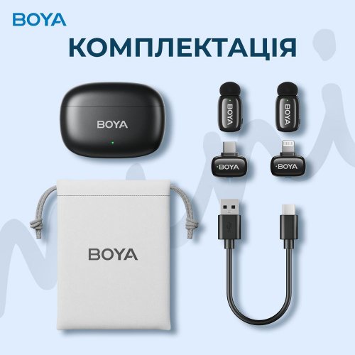 Бездротовий петличний мікрофон BOYA mini-12 Type-C/Lightning Black купити в Україні: Київ, Львів, Хмельницький, Тернопіль, Івано-Франківськ | Низька ціна, відгуки, характеристики від TELEMART фото