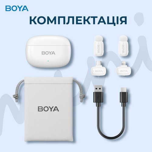 Бездротовий петличний мікрофон BOYA mini-13 Type-C/Lightning White купити в Україні: Київ, Львів, Хмельницький, Тернопіль, Івано-Франківськ | Низька ціна, відгуки, характеристики від TELEMART фото