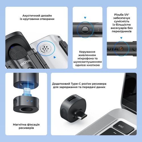 Бездротовий мікрофон BOYA Magic-05 Type-C Black купити в Україні: Київ, Львів, Хмельницький, Тернопіль, Івано-Франківськ | Низька ціна, відгуки, характеристики від TELEMART фото