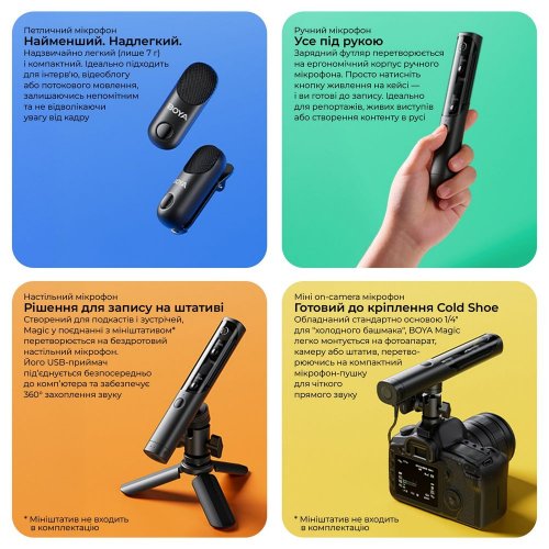 Бездротовий мікрофон BOYA Magic-02 Type-C/Lightning Black купити в Україні: Київ, Львів, Хмельницький, Тернопіль, Івано-Франківськ | Низька ціна, відгуки, характеристики від TELEMART фото