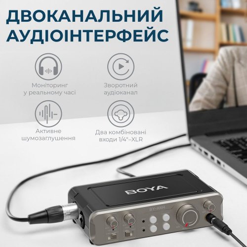 Двохканальний аудіоінтерфейс BOYA BY-AM4 Black купити в Україні: Київ, Львів, Хмельницький, Тернопіль, Івано-Франківськ | Низька ціна, відгуки, характеристики від TELEMART фото