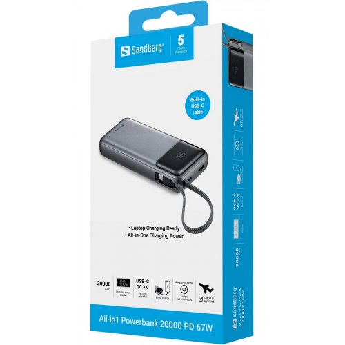 Powerbank Sandberg 20000mAh 67W with Built-In USB Type-C Cable (421-29) купить в Украине: Киев, Днепр, Харьков, Одесса  | Низкая цена, отзывы, характеристики от TELEMART фото