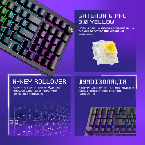 Клавиатура Proove Gaming Slicker Pro RGB Gateron G Pro 3.0 Yellow Wireless (WKSLP0022416) Black/Purple купить в Украине: Киев, Днепр, Харьков, Одесса  | Низкая цена, отзывы, характеристики от TELEMART фото