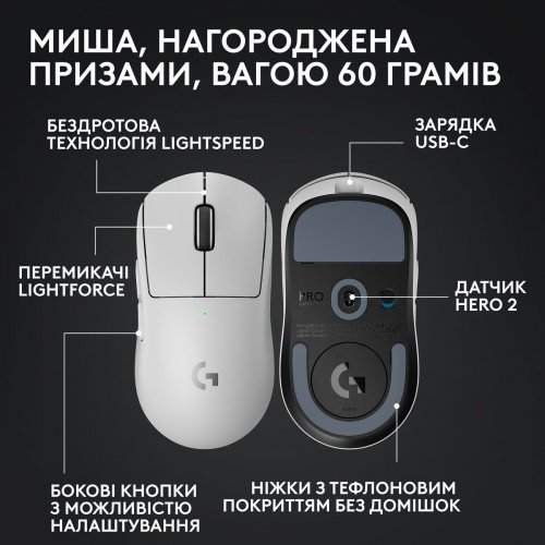 Уцінка миша Logitech G Pro X Superlight 2 Lightspeed Wireless (910-006638) White (Сліди використання, 852328) купити в Україні: Київ, Львів, Хмельницький, Тернопіль, Івано-Франківськ | Низька ціна, відгуки, характеристики від TELEMART фото
