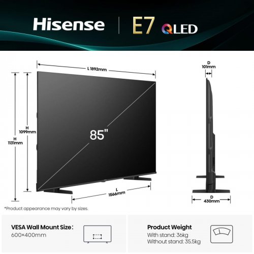 Телевізор Hisense 85" 85E7Q Black купити в Україні: Київ, Львів, Хмельницький, Тернопіль, Івано-Франківськ | Низька ціна, відгуки, характеристики від TELEMART фото