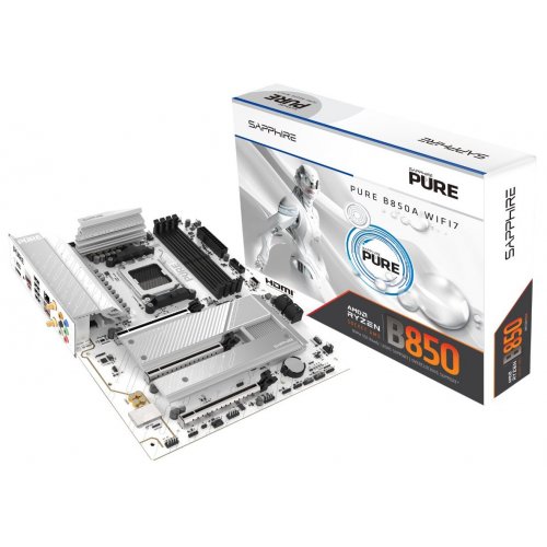 Материнська плата Sapphire PURE B850A WIFI 7 (sAM5, AMD B850) купити в Україні: Київ, Львів, Хмельницький, Тернопіль, Івано-Франківськ | Перевірка сумісності, низька ціна, відгуки, характеристики від TELEMART фото