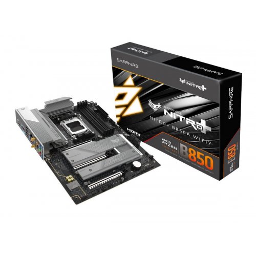 Материнська плата Sapphire NITRO+ B850A WIFI 7 (sAM5, AMD B850) купити в Україні: Київ, Львів, Хмельницький, Тернопіль, Івано-Франківськ | Перевірка сумісності, низька ціна, відгуки, характеристики від TELEMART фото