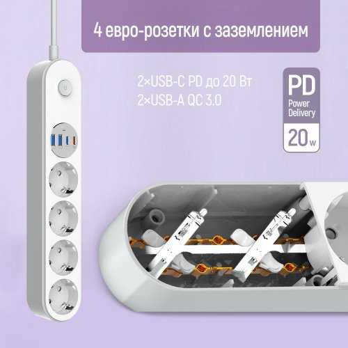 Photo ColorWay 2 m 4 sockets + 2 x USB + 2 x USB Type-C (CW-CHE44PDW) White