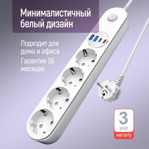 Photo ColorWay 2 m 4 sockets + 2 x USB + 2 x USB Type-C (CW-CHE44PDW) White
