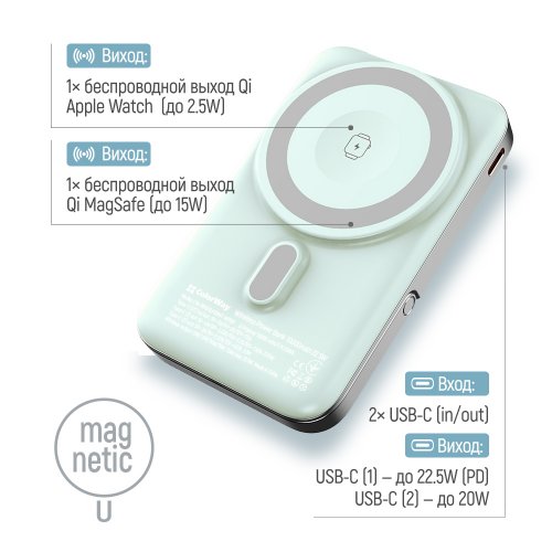 Powerbank ColorWay 10000mAh 22.5W MagSafe & Watch Wireless (CW-PB100LPA2MT-WPDD) Aquamarine купити в Україні: Київ, Львів, Хмельницький, Тернопіль, Івано-Франківськ | Низька ціна, відгуки, характеристики від TELEMART фото