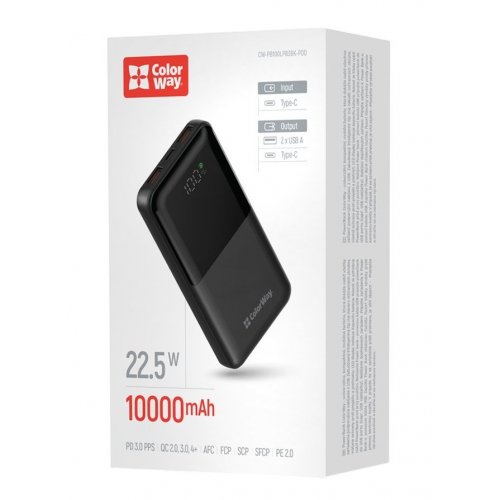 Powerbank ColorWay 10000mAh 22.5W LCD (CW-PB100LPB3BK-PDD) Black купити в Україні: Київ, Львів, Хмельницький, Тернопіль, Івано-Франківськ | Низька ціна, відгуки, характеристики від TELEMART фото