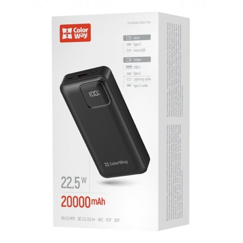 Powerbank ColorWay 20000mAh 22.5W Optimal Power (CW-PB200LPB5BK-PDD) Black купити в Україні: Київ, Львів, Хмельницький, Тернопіль, Івано-Франківськ | Низька ціна, відгуки, характеристики від TELEMART фото