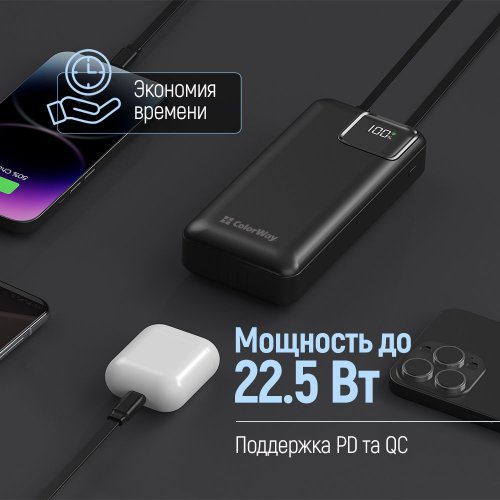 Powerbank ColorWay 20000mAh 22.5W Optimal Power (CW-PB200LPB5BK-PDD) Black купити в Україні: Київ, Львів, Хмельницький, Тернопіль, Івано-Франківськ | Низька ціна, відгуки, характеристики від TELEMART фото