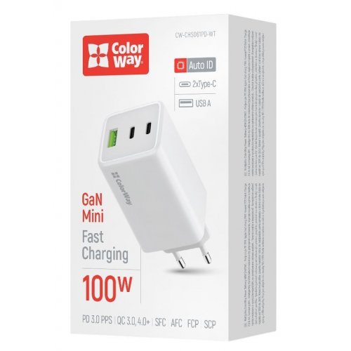 Photo ColorWay GaN Mini USB + 2 x USB Type-C 100W (CW-CHS061PD-WT) White