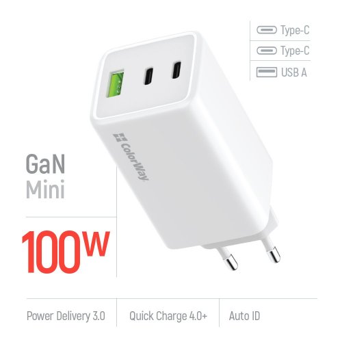 Photo ColorWay GaN Mini USB + 2 x USB Type-C 100W (CW-CHS061PD-WT) White