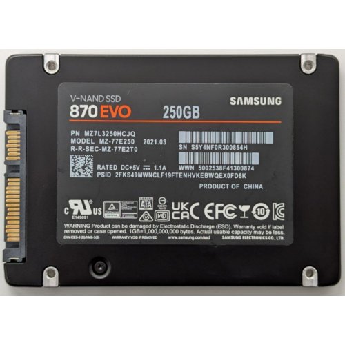 Ssd-диск Samsung 870 EVO V-NAND 250GB 2.5" (MZ-77E250B) (Відновлено продавцем, 853652) купити в Україні: Київ, Львів, Хмельницький, Тернопіль, Івано-Франківськ | Перевірка сумісності, низька ціна, відгуки, характеристики від TELEMART фото
