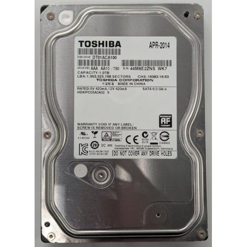 Жорсткий диск Toshiba 1TB 32MB 7200RPM 3.5" (DT01ACA100) (Відновлено продавцем, 853659) купити в Україні: Київ, Львів, Хмельницький, Тернопіль, Івано-Франківськ | Перевірка сумісності, низька ціна, відгуки, характеристики від TELEMART фото