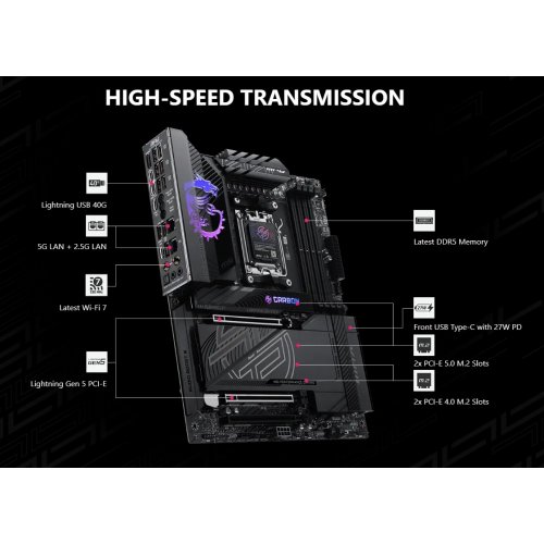 Материнская плата MSI MPG X870E CARBON MAX WIFI (sAM5, AMD X870E) купить в Украине: Киев, Днепр, Харьков, Одесса  | Проверка совместимости, низкая цена, отзывы, характеристики от TELEMART фото
