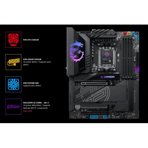 Материнская плата MSI MPG X870E CARBON MAX WIFI (sAM5, AMD X870E) купить в Украине: Киев, Днепр, Харьков, Одесса  | Проверка совместимости, низкая цена, отзывы, характеристики от TELEMART фото