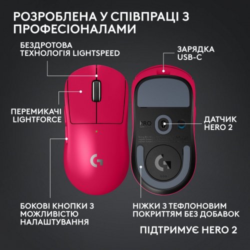 Мышка Logitech G Pro X Superlight 2c Wireless (910-007545) Pink купить в Украине: Киев, Днепр, Харьков, Одесса  | Низкая цена, отзывы, характеристики от TELEMART фото