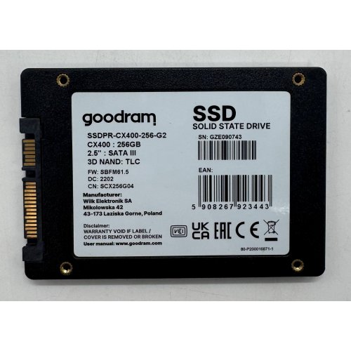 Ssd-диск GoodRAM CX400 Gen.2 3D NAND TLC 256GB 2.5" (SSDPR-CX400-256-G2) (Відновлено продавцем, 855405) купити в Україні: Київ, Львів, Хмельницький, Тернопіль, Івано-Франківськ | Перевірка сумісності, низька ціна, відгуки, характеристики від TELEMART фото