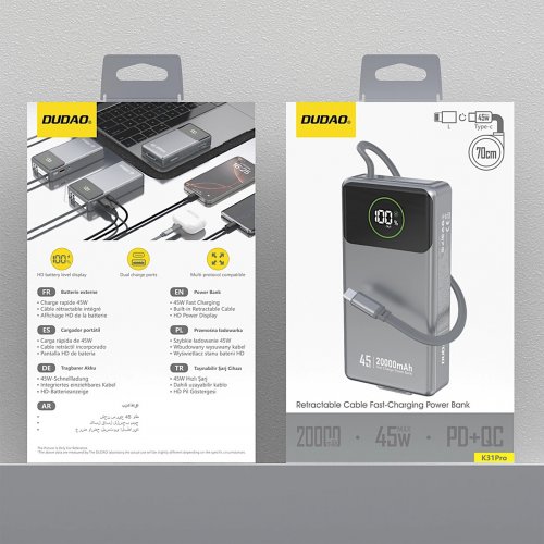Powerbank Dudao K31 Pro 20000mAh 45W (6977196682010) Gray купити в Україні: Київ, Львів, Хмельницький, Тернопіль, Івано-Франківськ | Низька ціна, відгуки, характеристики від TELEMART фото