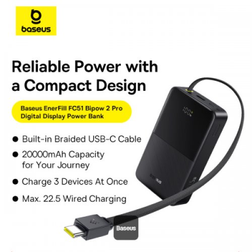 Powerbank Baseus EnerFill FC51 Bipow2 Pro 20000mAh 22.5W with Built-In USB Type-C (E0027701) Black купить в Украине: Киев, Днепр, Харьков, Одесса  | Низкая цена, отзывы, характеристики от TELEMART фото