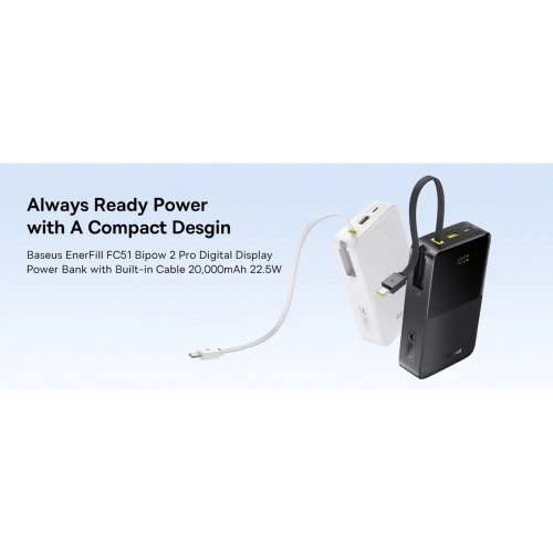 Powerbank Baseus EnerFill FC51 Bipow2 Pro 20000mAh 22.5W with Built-In USB Type-C (E0027701) Black купить в Украине: Киев, Днепр, Харьков, Одесса  | Низкая цена, отзывы, характеристики от TELEMART фото