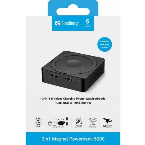 Powerbank Sandberg Magnet 5000mAh 20W (421-28) купити в Україні: Київ, Львів, Хмельницький, Тернопіль, Івано-Франківськ | Низька ціна, відгуки, характеристики від TELEMART фото