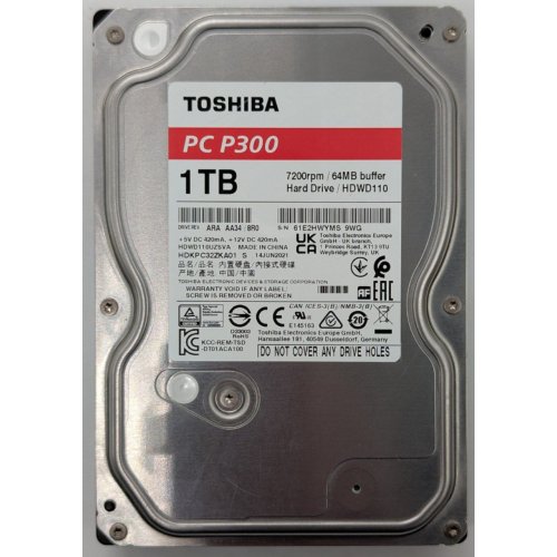 Жорсткий диск Toshiba P300 1TB 64MB 7200RPM 3.5" (HDWD110UZSVA) (Відновлено продавцем, 855930) купити в Україні: Київ, Львів, Хмельницький, Тернопіль, Івано-Франківськ | Перевірка сумісності, низька ціна, відгуки, характеристики від TELEMART фото