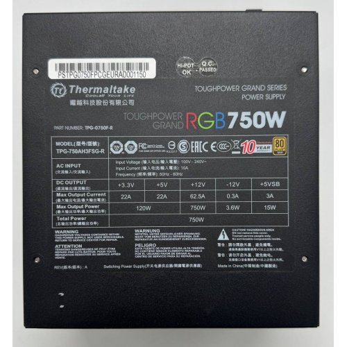Блок живлення Thermaltake Toughpower Grand RGB 750W (PS-TPG-0750FPCG EU-S) (Відновлено продавцем, 857328) купити в Україні: Київ, Львів, Хмельницький, Тернопіль, Івано-Франківськ | Перевірка сумісності, низька ціна, відгуки, характеристики від TELEMART фото
