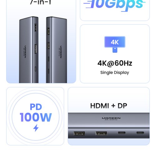 USB-хаб Ugreen CM498 USB Type-C 7 in 1 (75902) Grey купить в Украине: Киев, Днепр, Харьков, Одесса  | Низкая цена, отзывы, характеристики от TELEMART фото