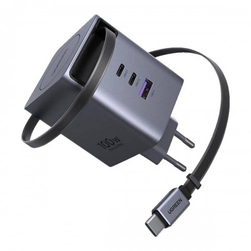 Сетевое зарядное устройство Ugreen X616 GaN USB + 2 x USB Type-C with Retractable Cable 100W (65828) Black купить в Украине: Киев, Днепр, Харьков, Одесса  | Низкая цена, отзывы, характеристики от TELEMART фото