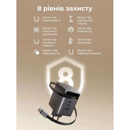 Сетевое зарядное устройство Ugreen X616 GaN USB + 2 x USB Type-C with Retractable Cable 100W (65828) Black купить в Украине: Киев, Днепр, Харьков, Одесса  | Низкая цена, отзывы, характеристики от TELEMART фото